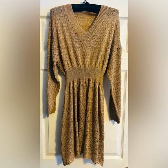 SHEIN LUNE Plus Pointelle Knit Drop Shoulder Sweater Dress, tan, size 0XL - Picture 3 of 8